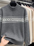 Du Jing Lan OBM Spring/Autumn New Arrival Men's Knitted Pullover, Old Money Style Contrast Color Stand-Up Collar Half-Open Placket Long Sleeve Knitted Pullover, Men's Business Casual Fashion Ribbed Sweater with Stand-Up Collar and Half-Open Placket - Dark Gray