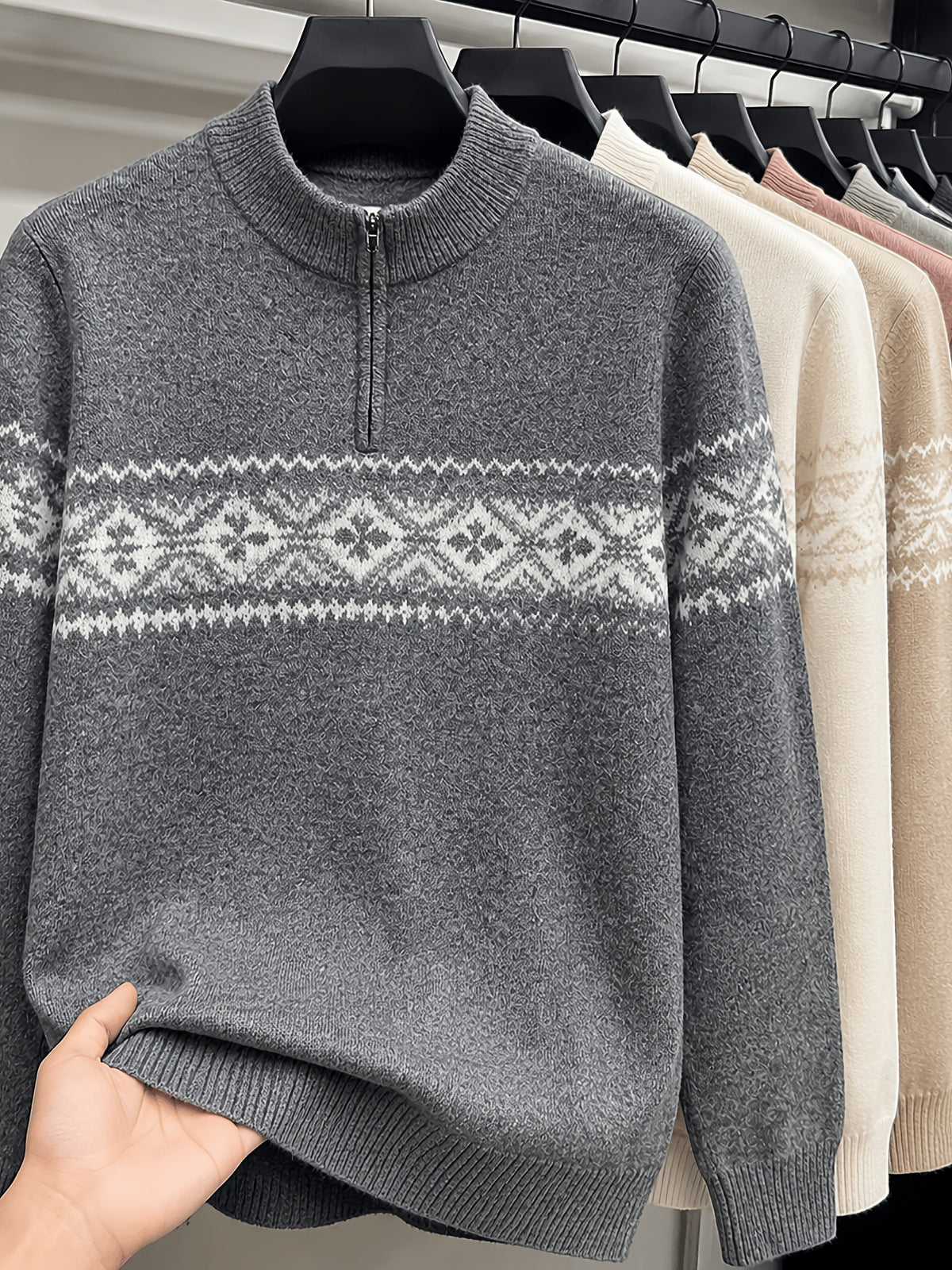 Du Jing Lan OBM Spring/Autumn New Arrival Men's Knitted Pullover, Old Money Style Contrast Color Stand-Up Collar Half-Open Placket Long Sleeve Knitted Pullover, Men's Business Casual Fashion Ribbed Sweater with Stand-Up Collar and Half-Open Placket - Dark Gray
