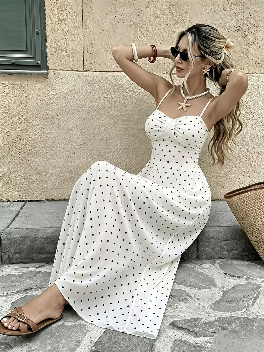 Women's New Spring/Summer Casual Date & Vacation Style Floral Print Spaghetti Strap V-Neck Waist-Cinching Elegant Dress - White