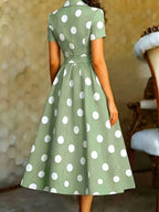 2026 Mid-Length Dress, Short Sleeve, Cape Neckline, Polka Dot Pattern, Button-Up Design, French Retro Style, White - Pea Green Color