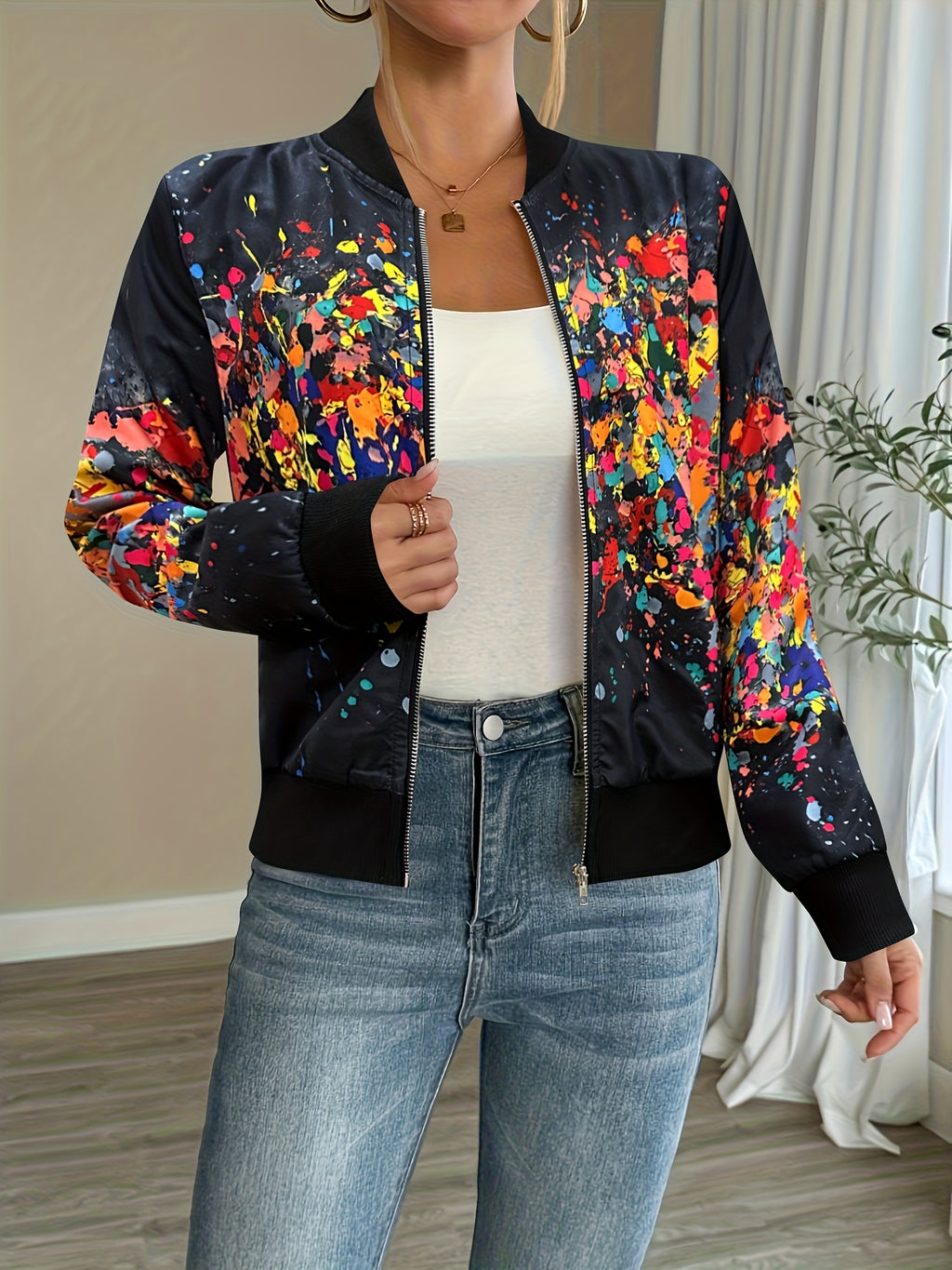 Women'S Lightweight Casual Jacket - Vibrant Tie-Dye Print, Stand Collar, Zip-Up, Long Sleeve, Perfect for Spring/Fall, Spring Jacket | Vibrant Print Jacket | Zippered Jacket - Black