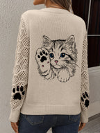 Vintage Cat Paw Print Hollow-Out Long Sleeve Round Neck Sweater, Casual Lazy Style Sweater Top. Non-shrink, Colorfast, Moderate Thickness Sweater. Suitable for All Seasons as Outerwear or Innerwear, Casual Outings, Home Office. Fashionable and - Khaki