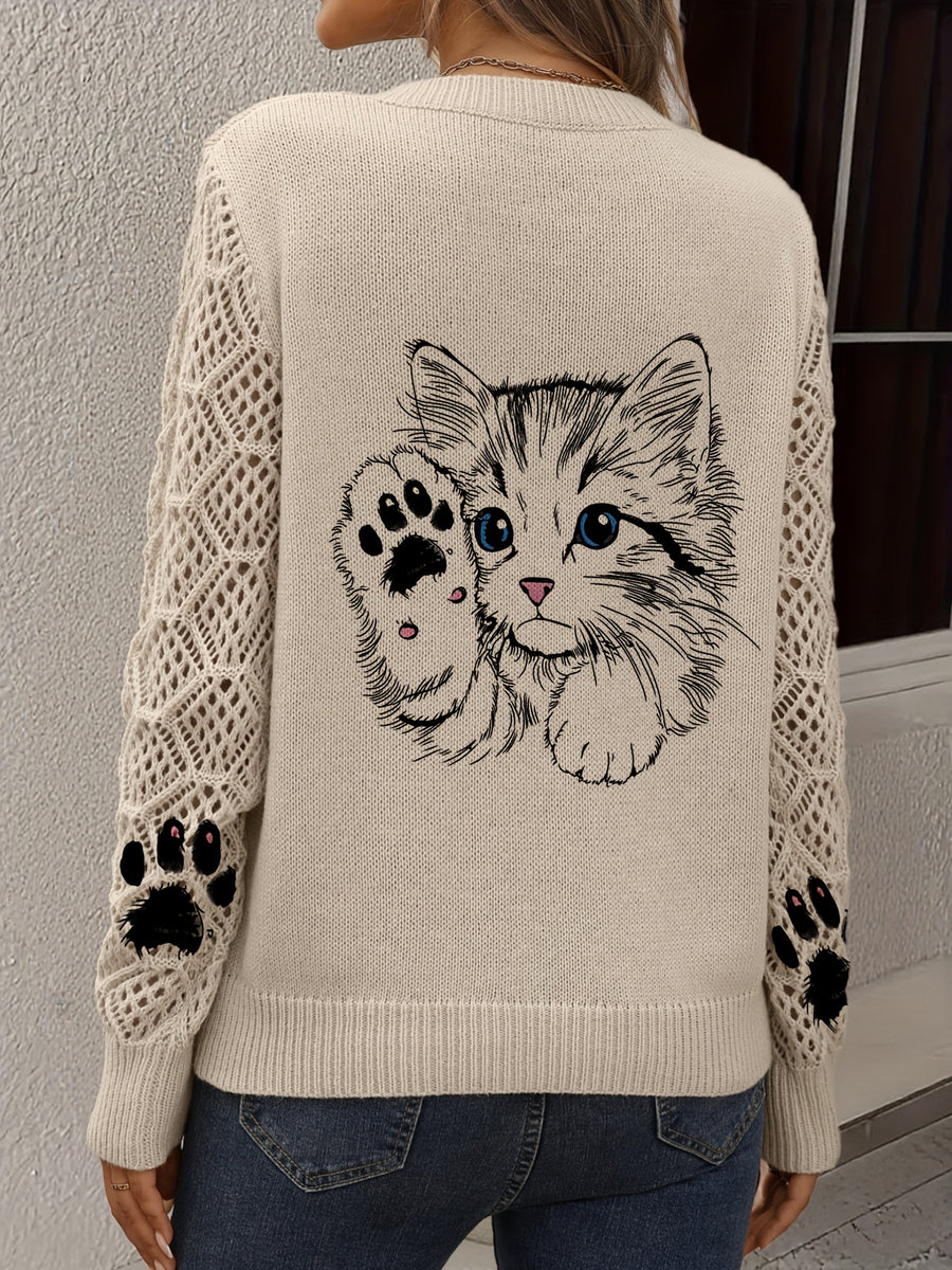 Vintage Cat Paw Print Hollow-Out Long Sleeve Round Neck Sweater, Casual Lazy Style Sweater Top. Non-shrink, Colorfast, Moderate Thickness Sweater. Suitable for All Seasons as Outerwear or Innerwear, Casual Outings, Home Office. Fashionable and - Khaki