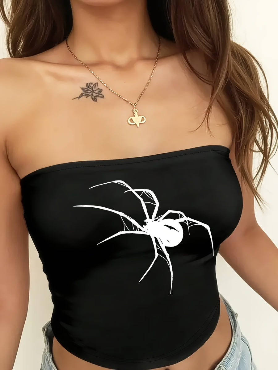 Y2K Women'S Off-Shoulder Short Top With Spider Design | Sexy, Suitable For Summer And Casual Wear, Cute Short Style - Black