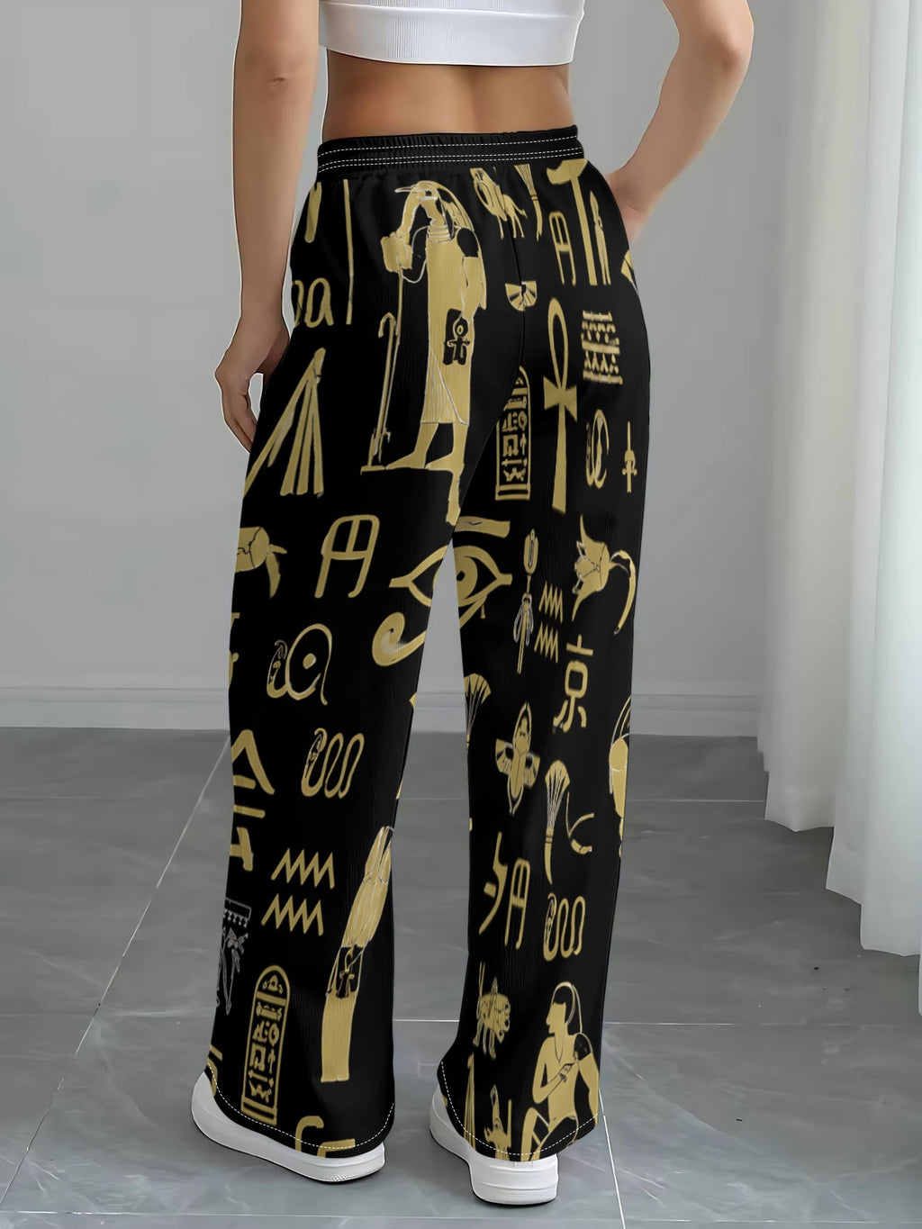 [Printed Design-Not Textured] Women'S Corduroy Drawstring Wide-Leg Pants with Ancient Egyptian Scarab And Eye of Horus, Solid Black, Vintage Mysterious Style, Draped, Vacation Straight-Leg Casual Trousers - Mixed colors