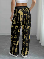 [Printed Design-Not Textured] Women'S Corduroy Drawstring Wide-Leg Pants with Ancient Egyptian Scarab And Eye of Horus, Solid Black, Vintage Mysterious Style, Draped, Vacation Straight-Leg Casual Trousers - Mixed colors