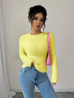 Women'S Soft Mint Green Sweater - Cozy Long Sleeve Round Neck Pullover for Fall/Winter, Casual & Office Wear, Elegant Everyday Chic Style, Comfortable Fit - Yellow
