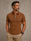 [Printed Design - Not Textured] Men's Short Sleeve Zip Polo Shirt, Brown Vertical Stripe Pattern, Digital Print, Contrast Polo Collar Zip Placket, Polyester, Casual, Daily Commuting, Summer - Mixed colors