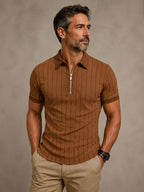 [Printed Design - Not Textured] Men's Short Sleeve Zip Polo Shirt, Brown Vertical Stripe Pattern, Digital Print, Contrast Polo Collar Zip Placket, Polyester, Casual, Daily Commuting, Summer - Mixed colors