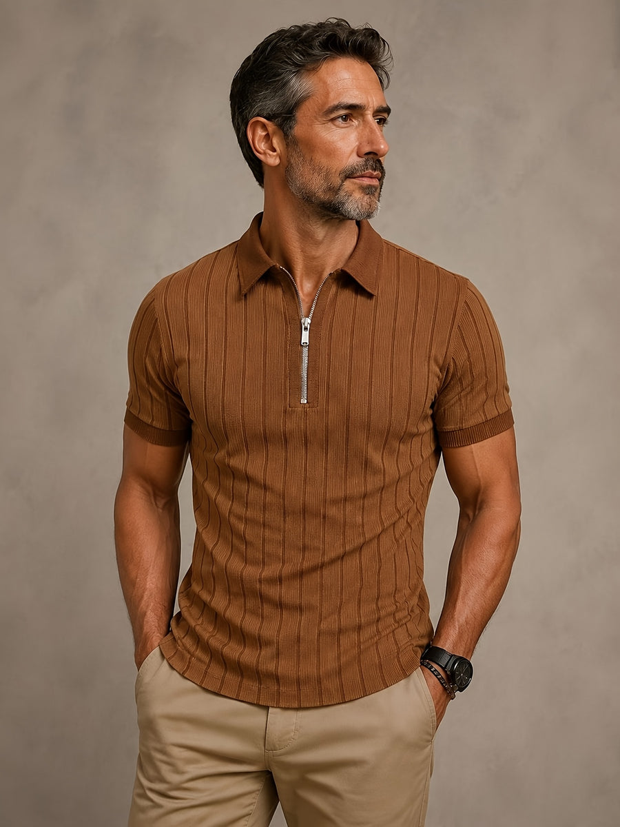 [Printed Design - Not Textured] Men's Short Sleeve Zip Polo Shirt, Brown Vertical Stripe Pattern, Digital Print, Contrast Polo Collar Zip Placket, Polyester, Casual, Daily Commuting, Summer - Mixed colors