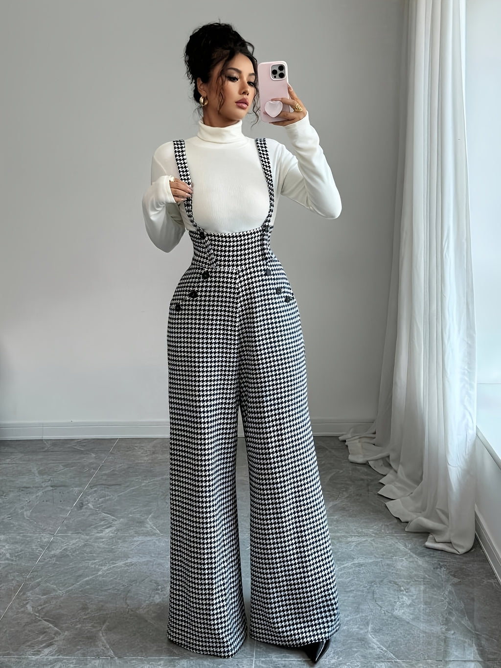 Elegant Women'S Houndstooth Camisole Straight Wide-Leg Suspender Pants, Retro Casual Overalls, All-Season Versatile for Fall And Winter - Multicolor