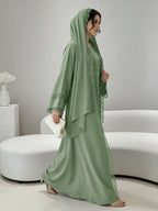 [Size UP for Regular Fit] Women's Spring/Summer Elegant Lace Patchwork Robe Dress 2pcs Set, Women's Elegant Outfit - Olive Green