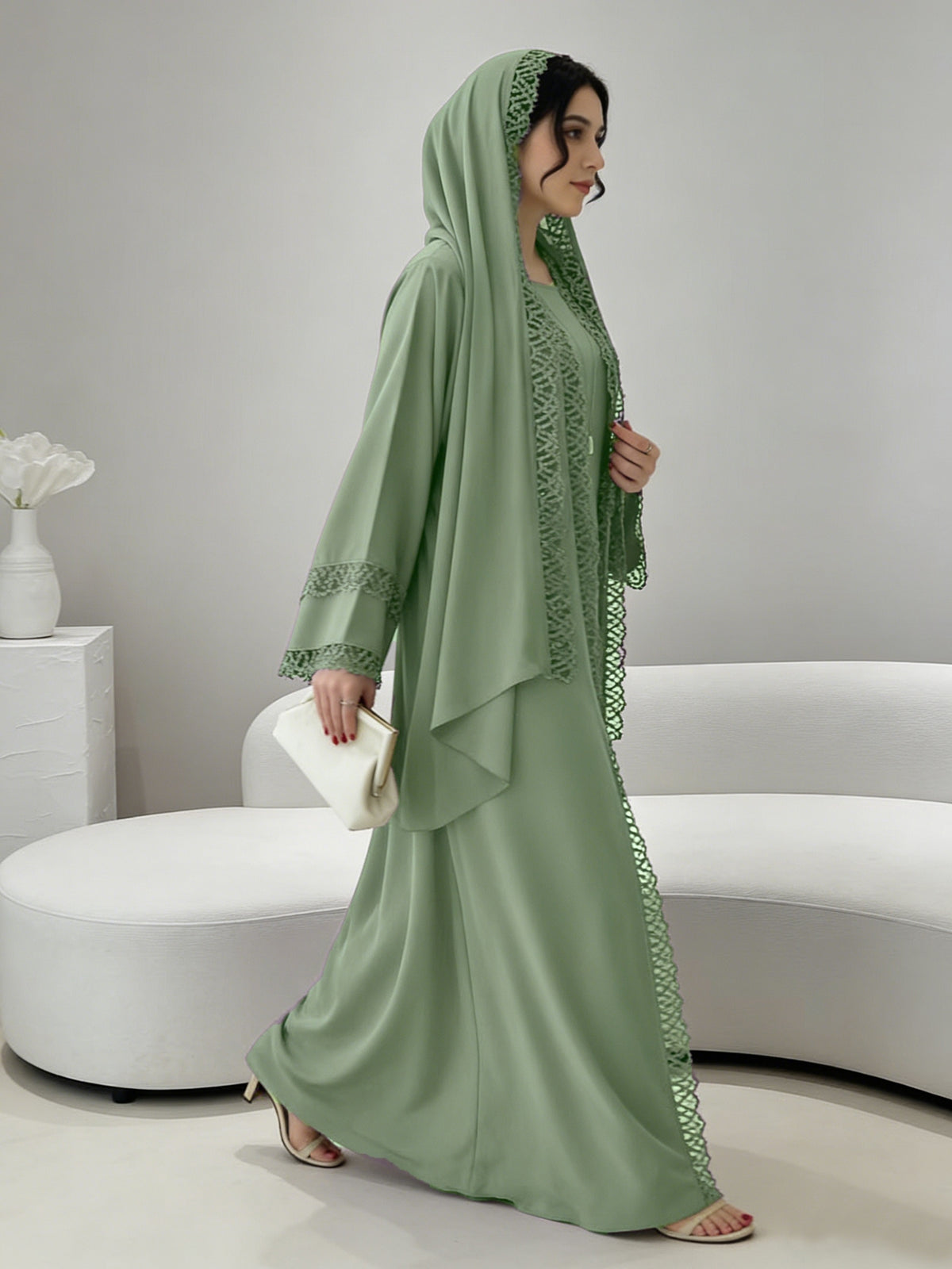 [Size UP for Regular Fit] Women's Spring/Summer Elegant Lace Patchwork Robe Dress 2pcs Set, Women's Elegant Outfit - Olive Green