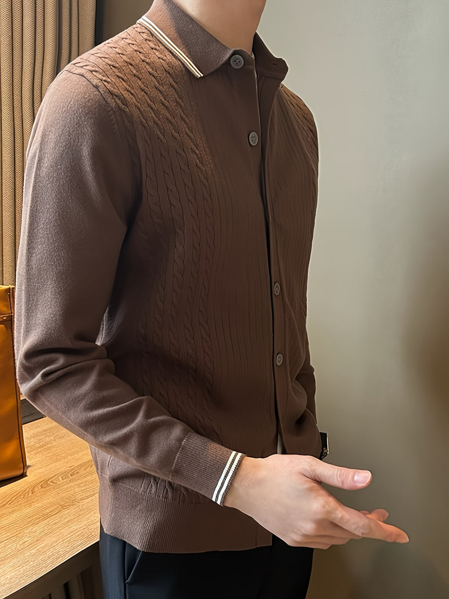 Men's Fashion Color-Block Knit Cardigan, Lightly Mature Design with Twisted Pattern and Warm Collar Sweater - Camel