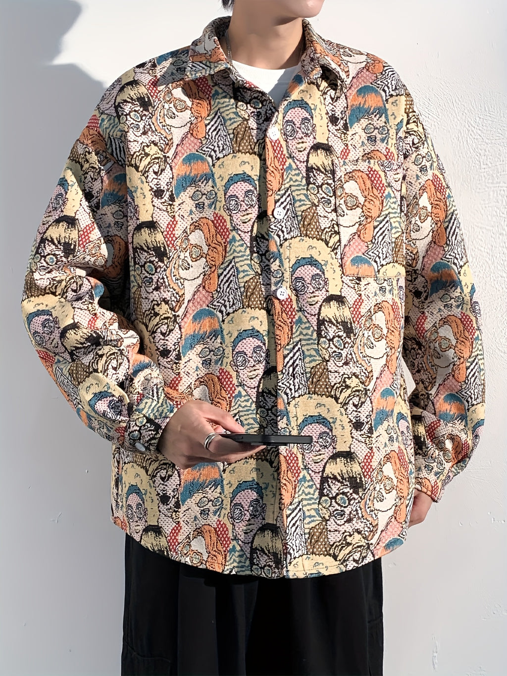 Men'S Sportswear Button-Up Shirt, a Stylish Casual Ethnic Long-Sleeve Shirt Jacket for Men, Made of Thick Composite Fabric, Featuring a Loose Fit, Perfect for Everyday Casual Wear - Yellow