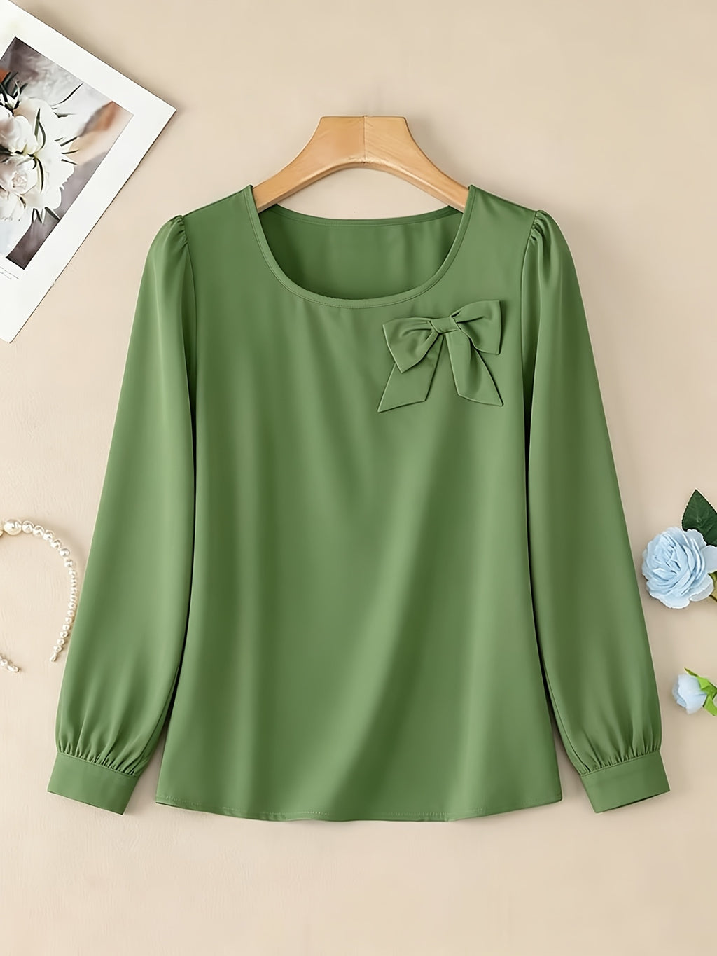 Elegant Casual Long-Sleeve Blouse with Bow and Lantern Sleeves, Solid Color Top ASD1 - Green