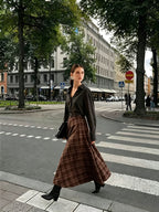 Women'S High-Waist Plaid Skirt, Elegant Fall Winter Outfit, A-Line Silhouette, Effect, Commute Date Casual Vacation Long Dress - Coffee Color
