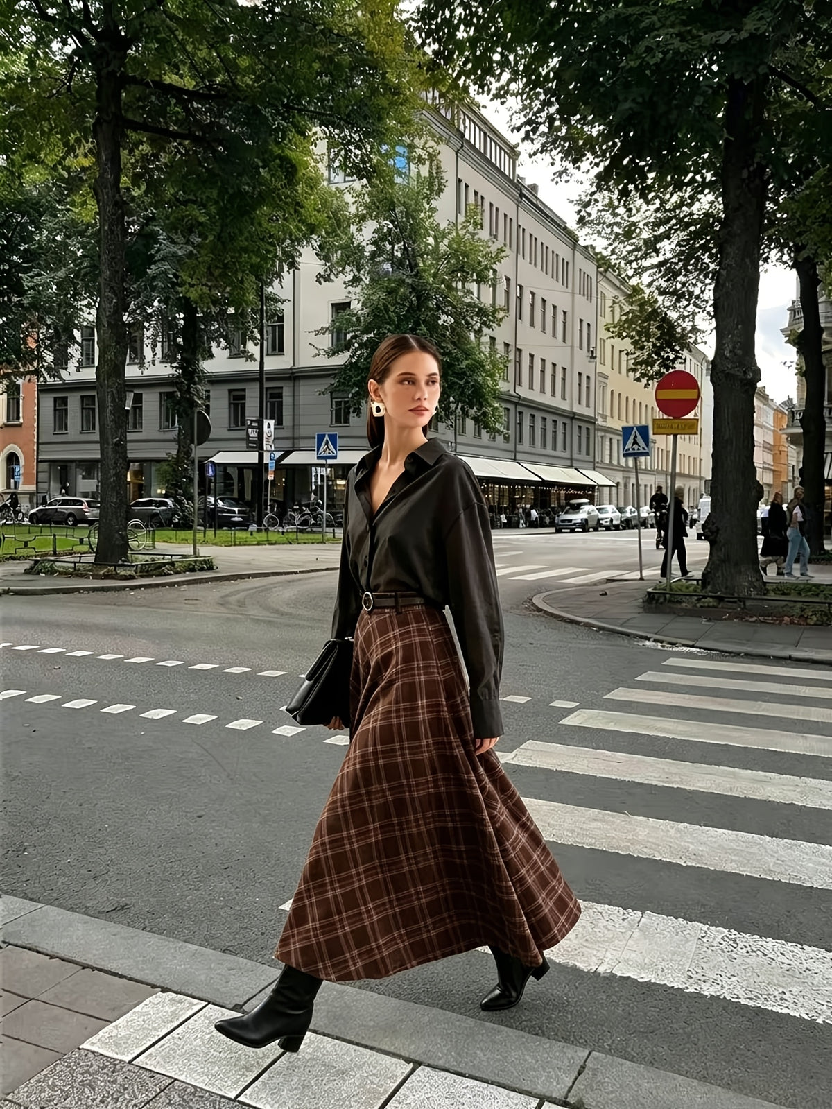 Women'S High-Waist Plaid Skirt, Elegant Fall Winter Outfit, A-Line Silhouette, Effect, Commute Date Casual Vacation Long Dress - Coffee Color