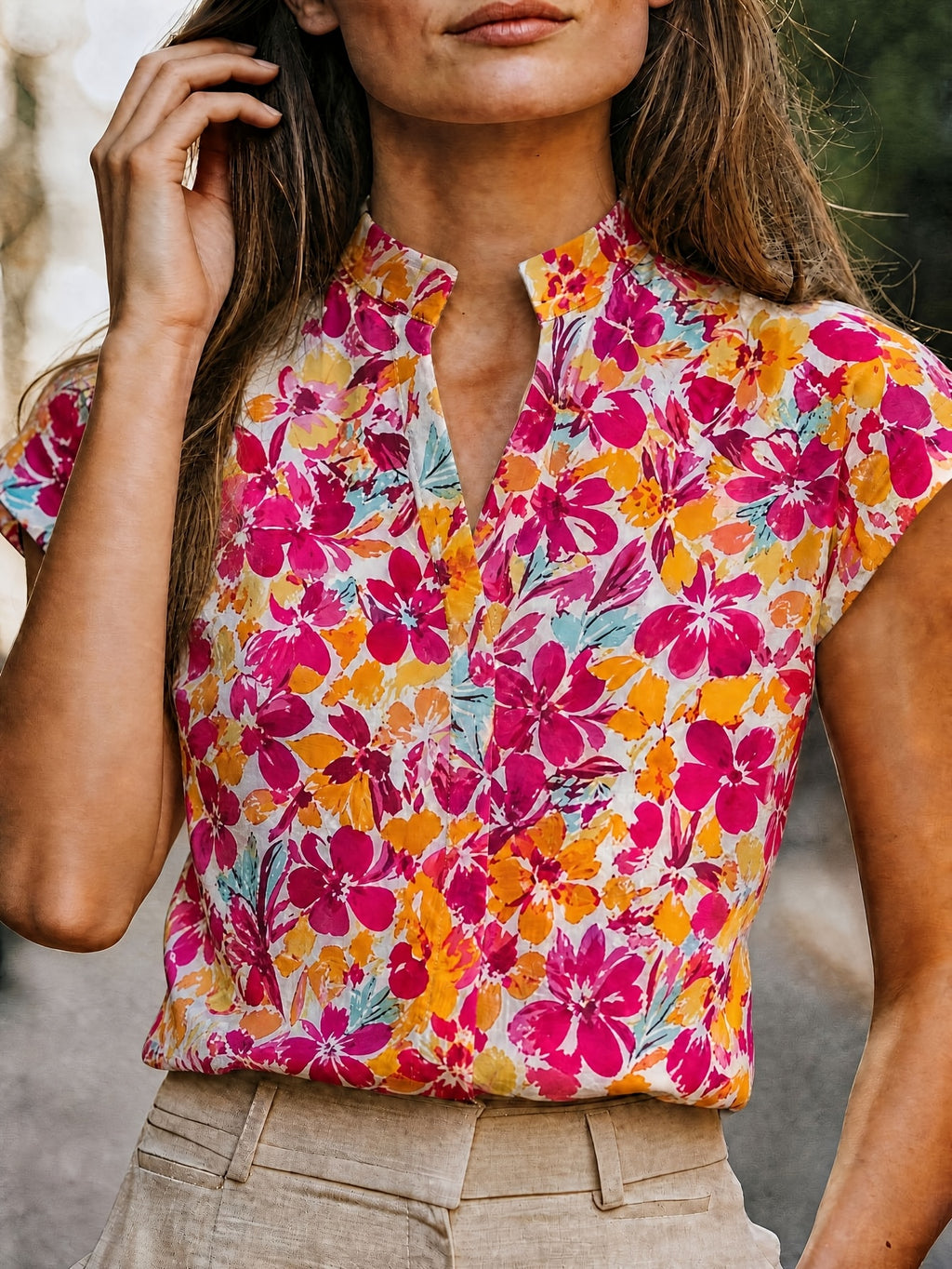 Women'S Elegant Fashion Floral Print V-Neck Commuter Shirt - Rose Red