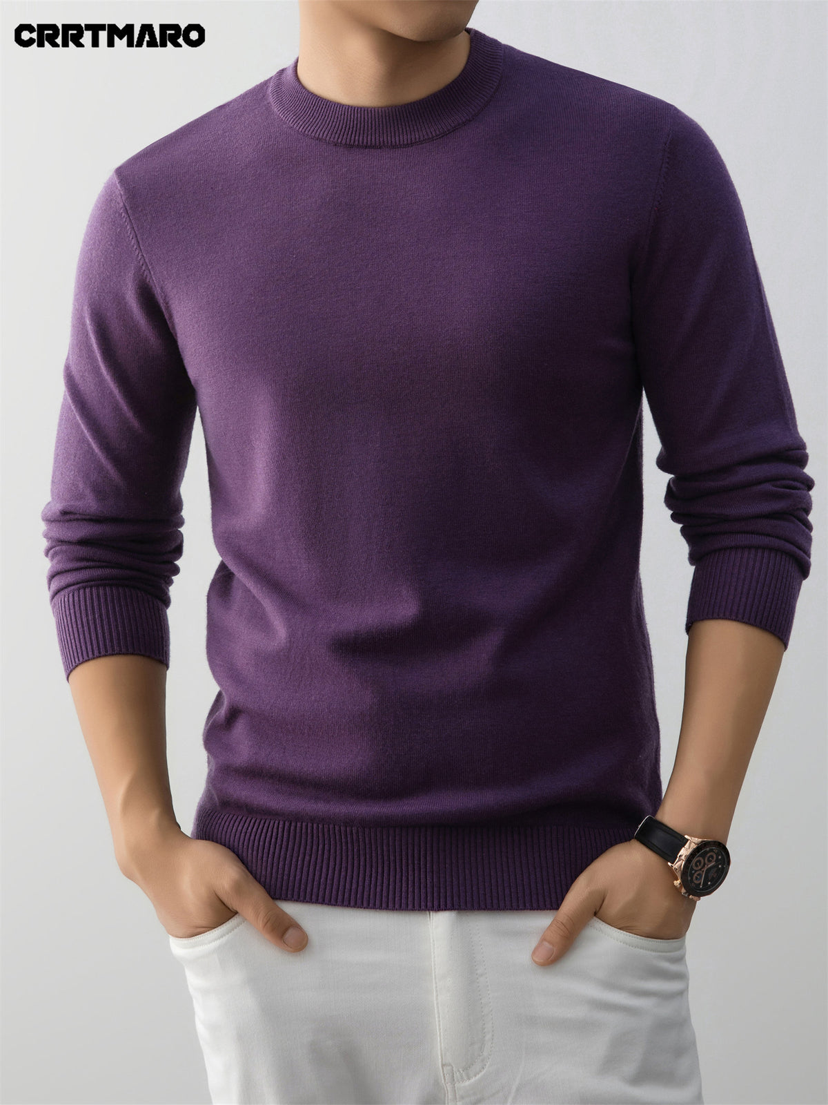 Men's Crew Neck Pullover Sweater, Warm Casual Layering Top for Fall and Winter - Purple