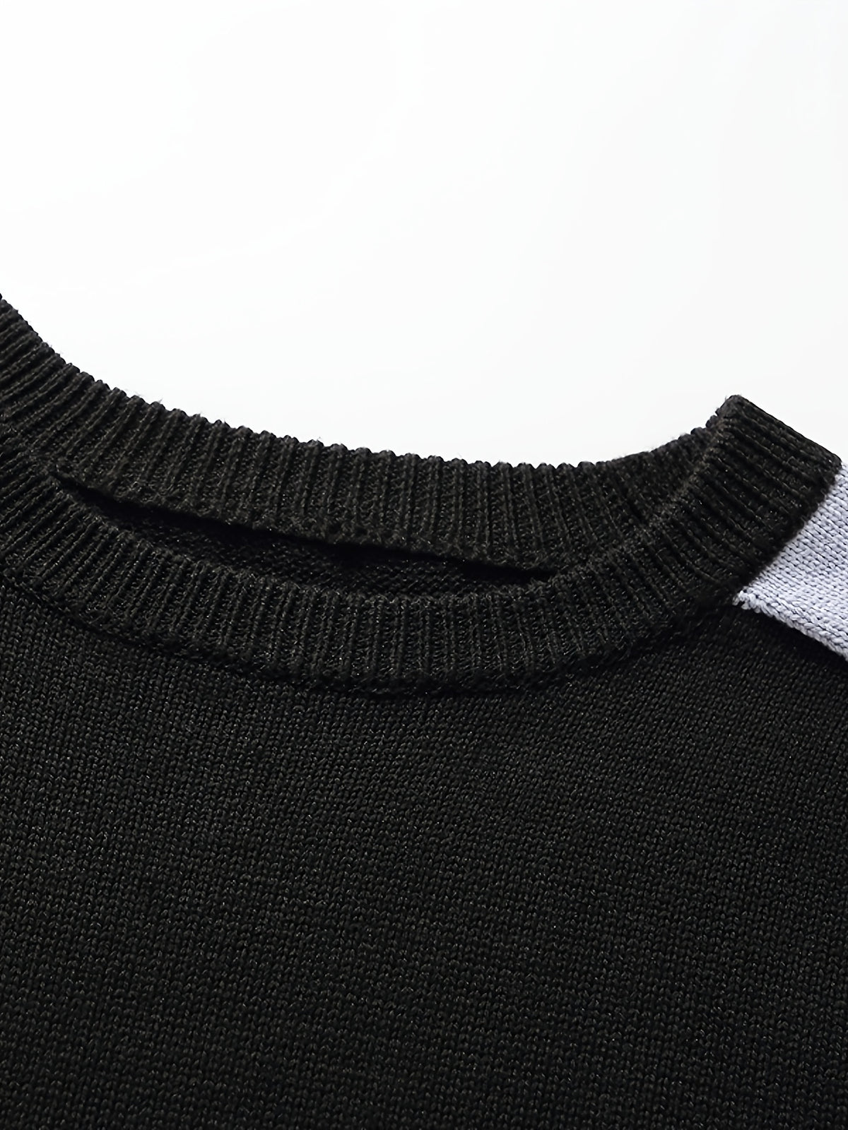 Men'S Color Block Asymmetric Patchwork Crew Neck Sweater, Versatile Casual Knit Pullover Top - Black