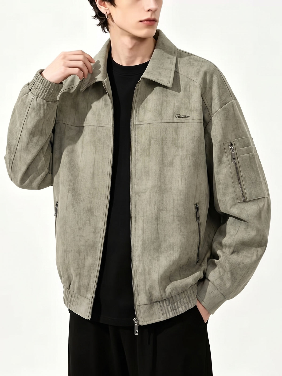 Men's Streetwear Workwear Style Lapel Jacket with Vintage Texture, Full-Zip Casual Outerwear, Multi-Zipper Practical Pocket Design, Regular Fit for Comfort and Versatility. This Casual Coat Is Suitable for All Occasions in Spring and Autumn - Olive Green Color