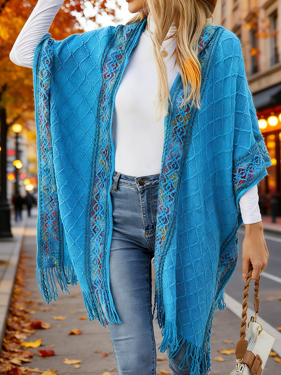 Elegant Special Edition 'Net Body Bust' Vacation Style 1pc Women's Diamond Jacquard Hooded Cape Cardigan, Vintage Ethnic Style Solid Color Tassel Fashionable Elegant European and American Style Warm Sweater Coat, Suitable for Spring, Autumn - Blue