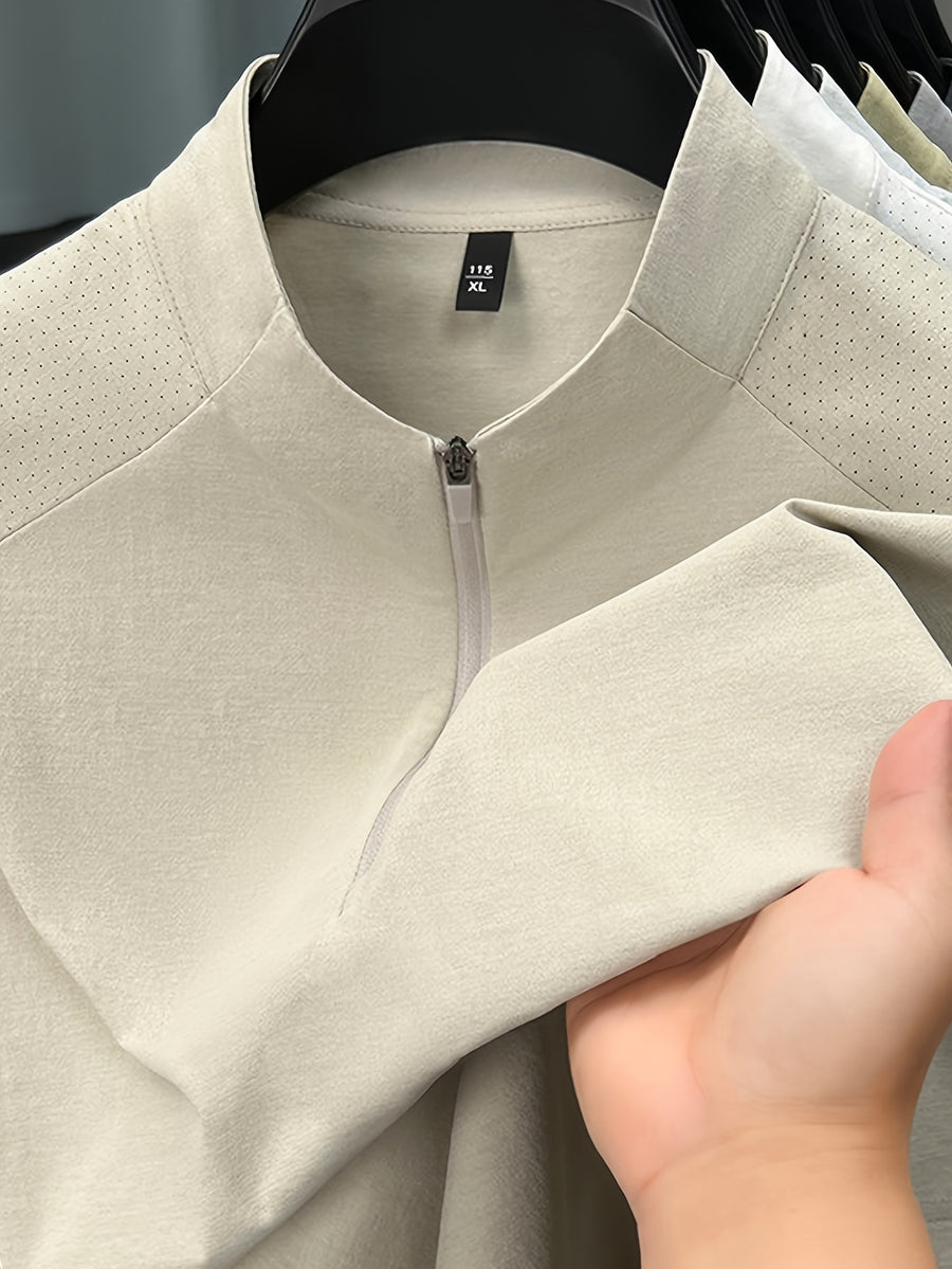 Men'S Summer Top T-Shirt, Half-Zipper Stand-Up Collar Design, Casual And Light Business Style, Adjustable Collar with Zipper, Balancing Ventilation And Styling; Mesh Shoulder Panel for Enhanced Breathability - Beige Apricot