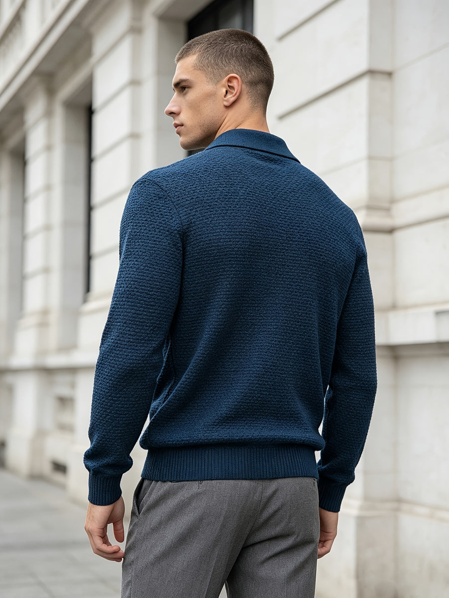 Men'S Business Light Luxury Style Lapel Honeycomb Texture Knit Polo Shirt, Soft Skin-Friendly Knit Fabric, 3D Honeycomb Texture Premium Texture, Slimming And Non-Tight, Long Sleeve Design Easy And Atmospheric Without Extra Logo - Ha Qing
