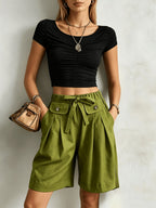 Women'S Casual Solid Color Straight Shorts, Retro Cargo Style Wide-Leg Bermuda Shorts, High-Waist Drawstring Pocket Design Loose Casual Trousers - Yellow-green