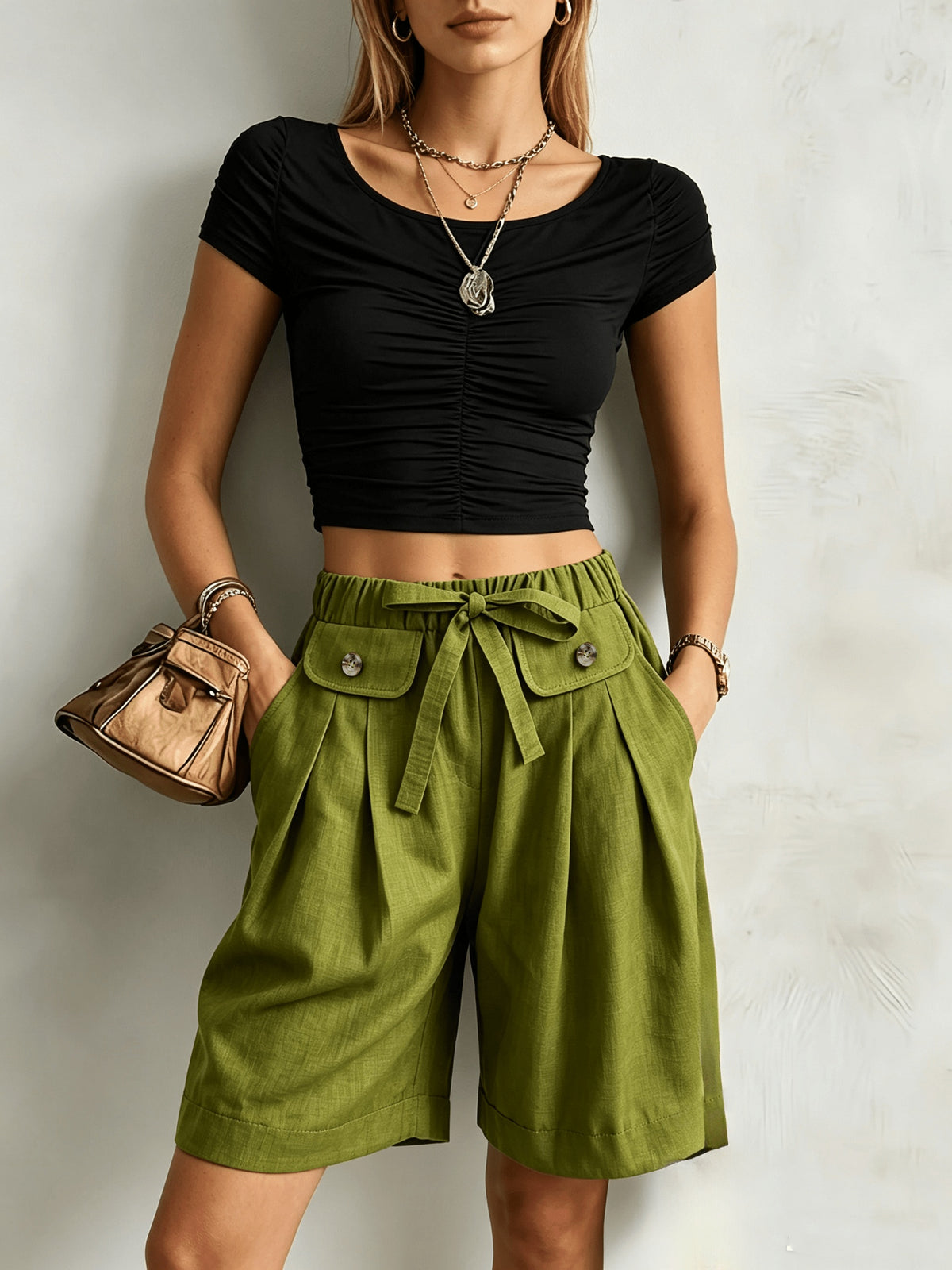 Women'S Casual Solid Color Straight Shorts, Retro Cargo Style Wide-Leg Bermuda Shorts, High-Waist Drawstring Pocket Design Loose Casual Trousers - Yellow-green