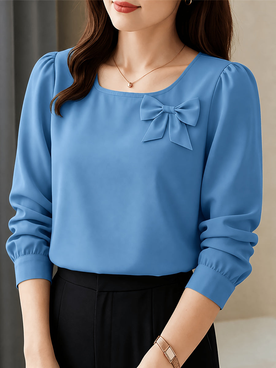 Elegant Casual Long-Sleeve Blouse with Bow and Lantern Sleeves, Solid Color Top ASD1 - Deep Sky Blue