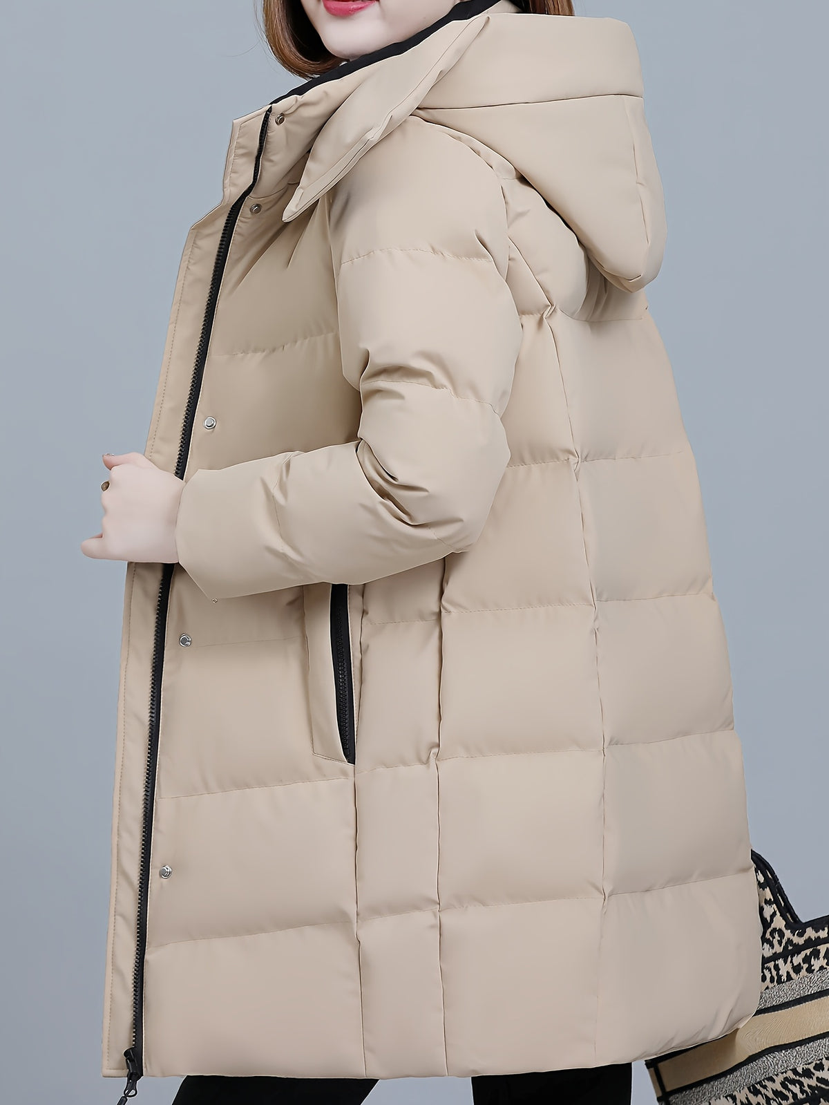 Women's Hooded Mid-Length Padded Coat with Black Contrast Lining, Zipper and Snap Button Double Front Placket, Plus Size Loose Fit, Checkered Overlock Stitching with Anti-Slip Padding, Drawstring Adjustable Hem, Zippered Side Pockets - Khaki
