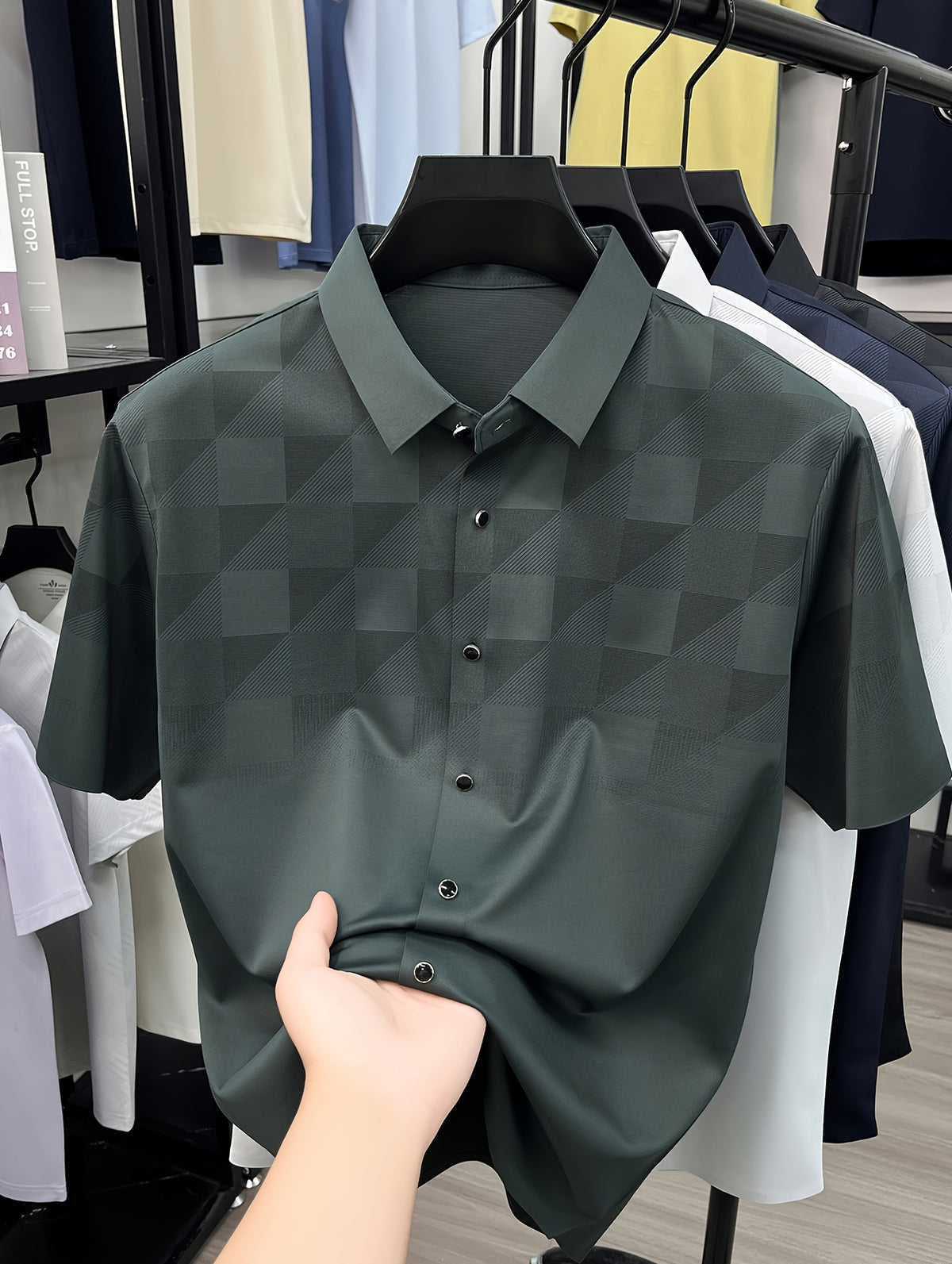 Men's Jacquard Polo Shirt with Subtle Texture, Summer Short Sleeve Tee with Mulberry Silky, Seamless, Business Casual Versatile Top with Lapel Collar - Dark Green