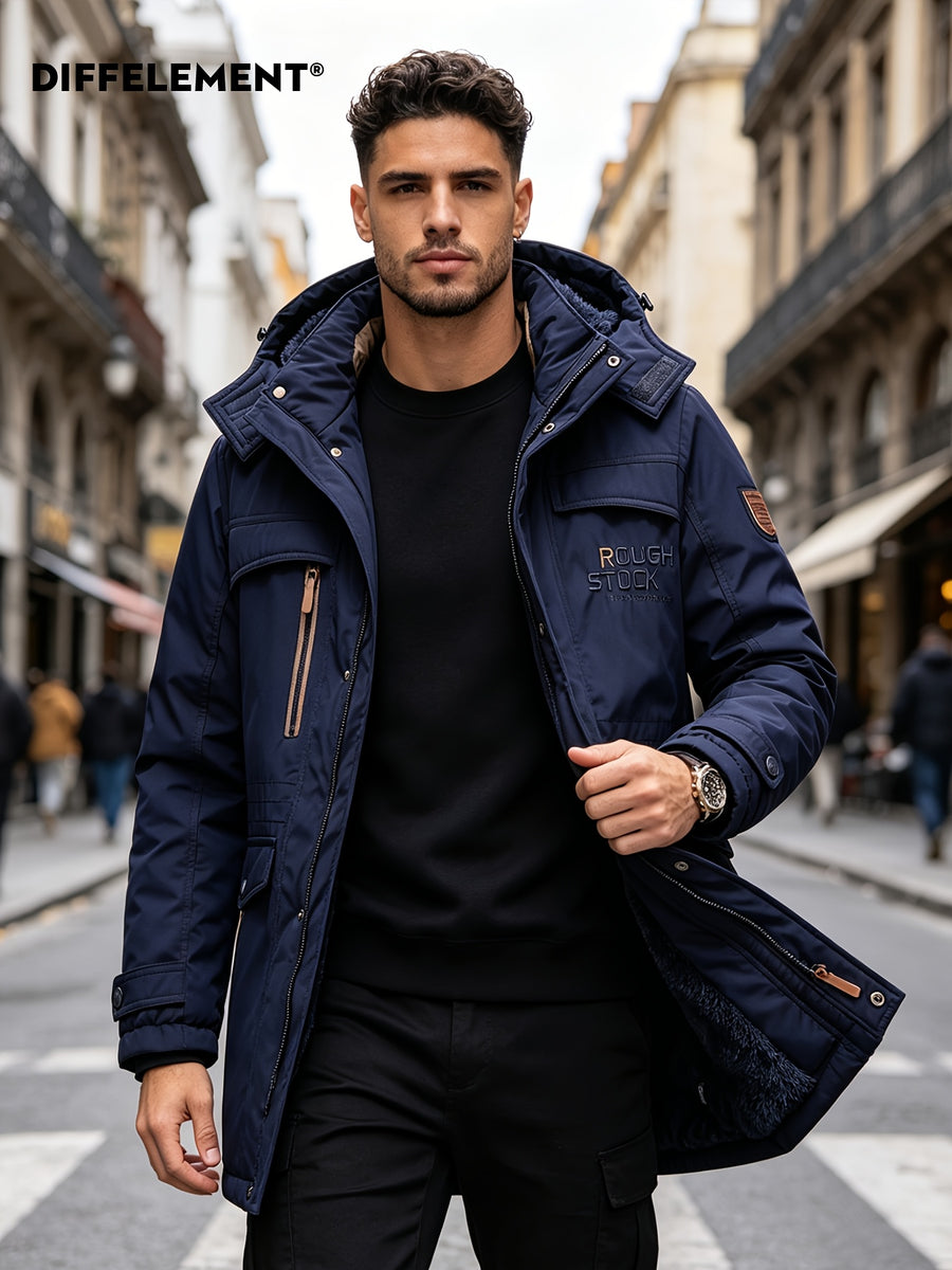 DIFFELEMENT Men's -Lined Hooded Parka Padded Coat, Windproof and Warm, Multi-Pocket Workwear Jacket with Detachable Hood, Elastic Cuffs, Regular Fit, Suitable for Cold Weather, Urban Streetwear, Skiing, Hiking, Winter Daily Work, and Casual Wear - Navy Color
