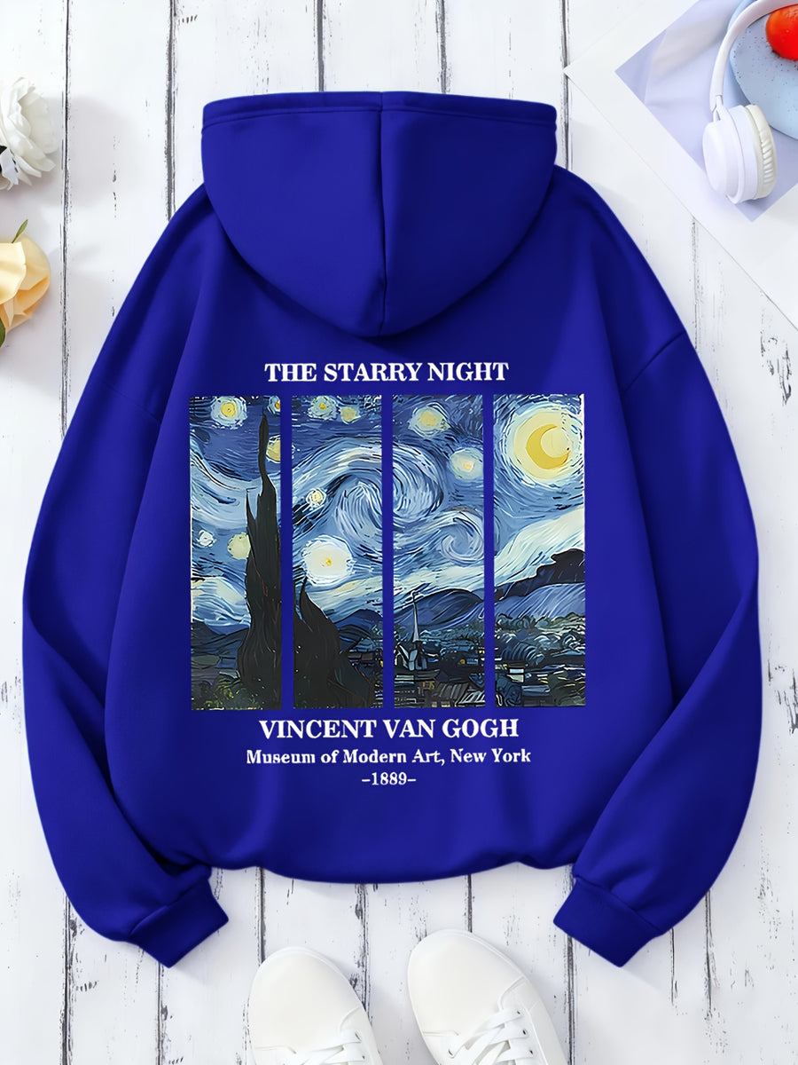 Women'S Autumn Winter All-Match Casual Hooded Sweatshirt, Starry Night Van Gogh Art Print Fashion Comfortable Jacket - Blue