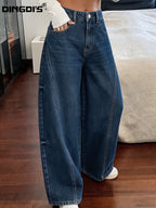 Women'S New Loose Wide-Leg Elastic Waist Jeans, Classic Boyfriend Style Floor-Length Trousers, Casual Home Wear Design with Ripped Patchwork, 90S Classic Acid-Wash Blue Retro Zipper Pants, Comfortable Fit Suitable for Work And Travel - Deep Blue