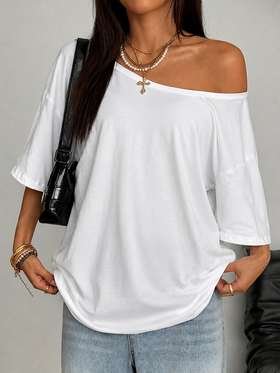 Women'S New Summer Style Slightly Sloped Collar Women T-Shirt, Loose Women Short Sleeves, Casual Daily T-Shirts, Commute Vacation - White