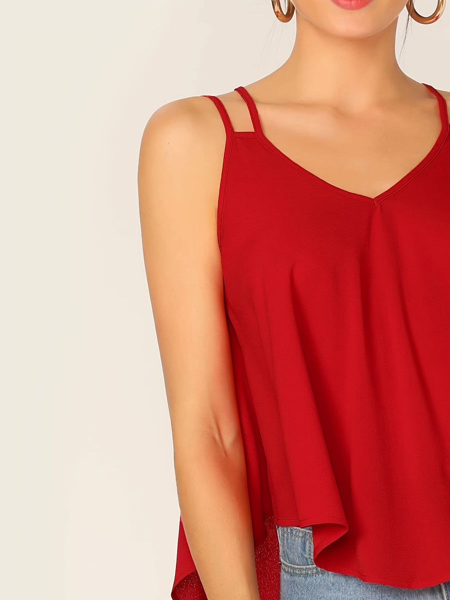 Women'S Stylish Double-Laced Dip Hem Swinging Top - Red