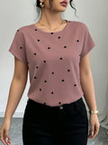Women's Elegant Heart Print Round Neck Short Sleeve Blouse T-Shirt - Non-Stretch Suitable for Seasons Casual & Dressy Top, Machine Washable Opaque Shirt for Year-Round Wear, Wardrobe Essential for Layering or Outfits - Multicolor