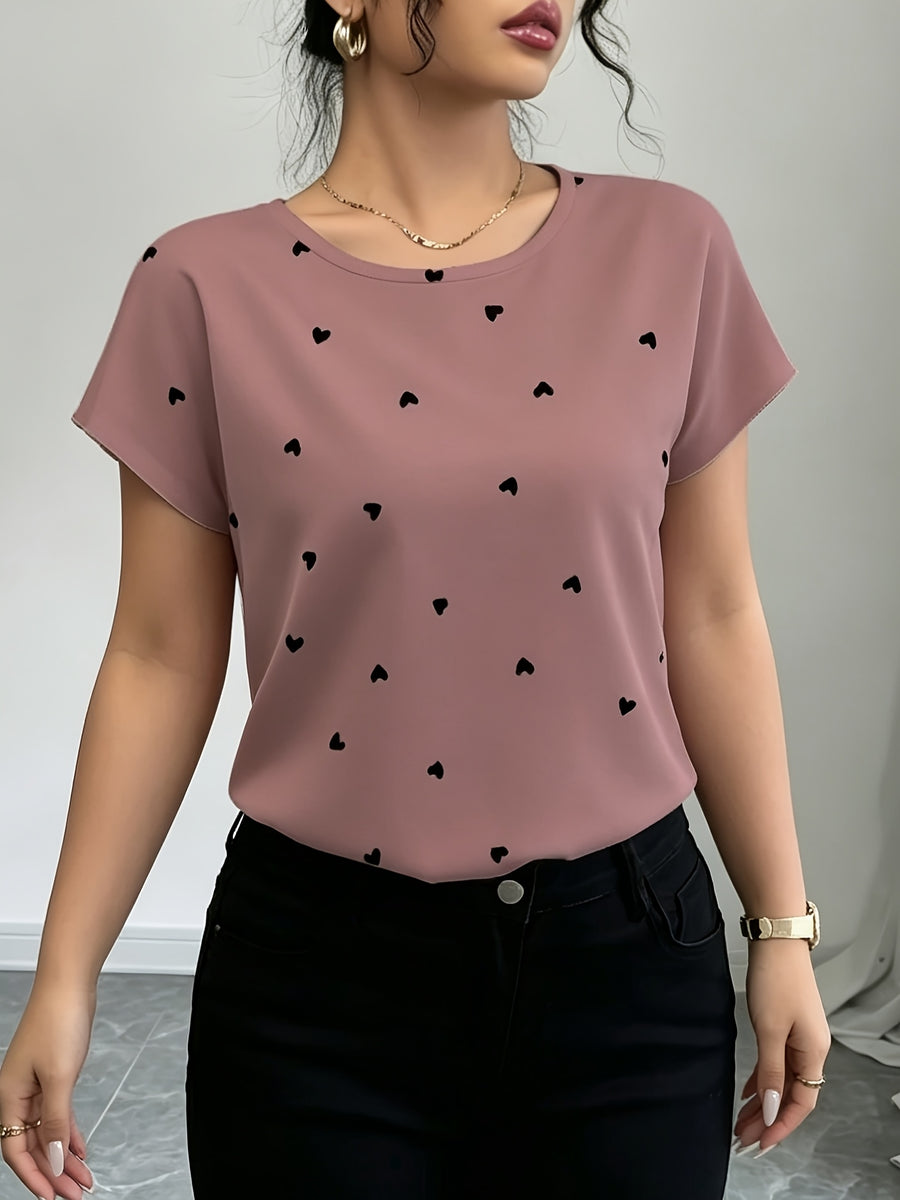 Women's Elegant Heart Print Round Neck Short Sleeve Blouse T-Shirt - Non-Stretch Suitable for Seasons Casual & Dressy Top, Machine Washable Opaque Shirt for Year-Round Wear, Wardrobe Essential for Layering or Outfits - Multicolor