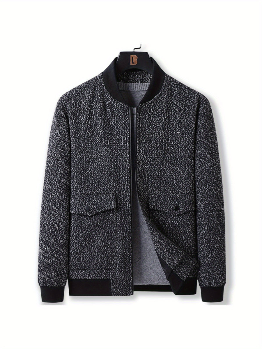1pc TNZI Men's Spring, Autumn and Winter Wool Stand-up Collar Casual Wool Overcoat, Zipper Jacket, Loose and Versatile Fashionable Jacket, Work Jacket, Men's Large-sized Simple Long-sleeved Comfortable Jacket - Black