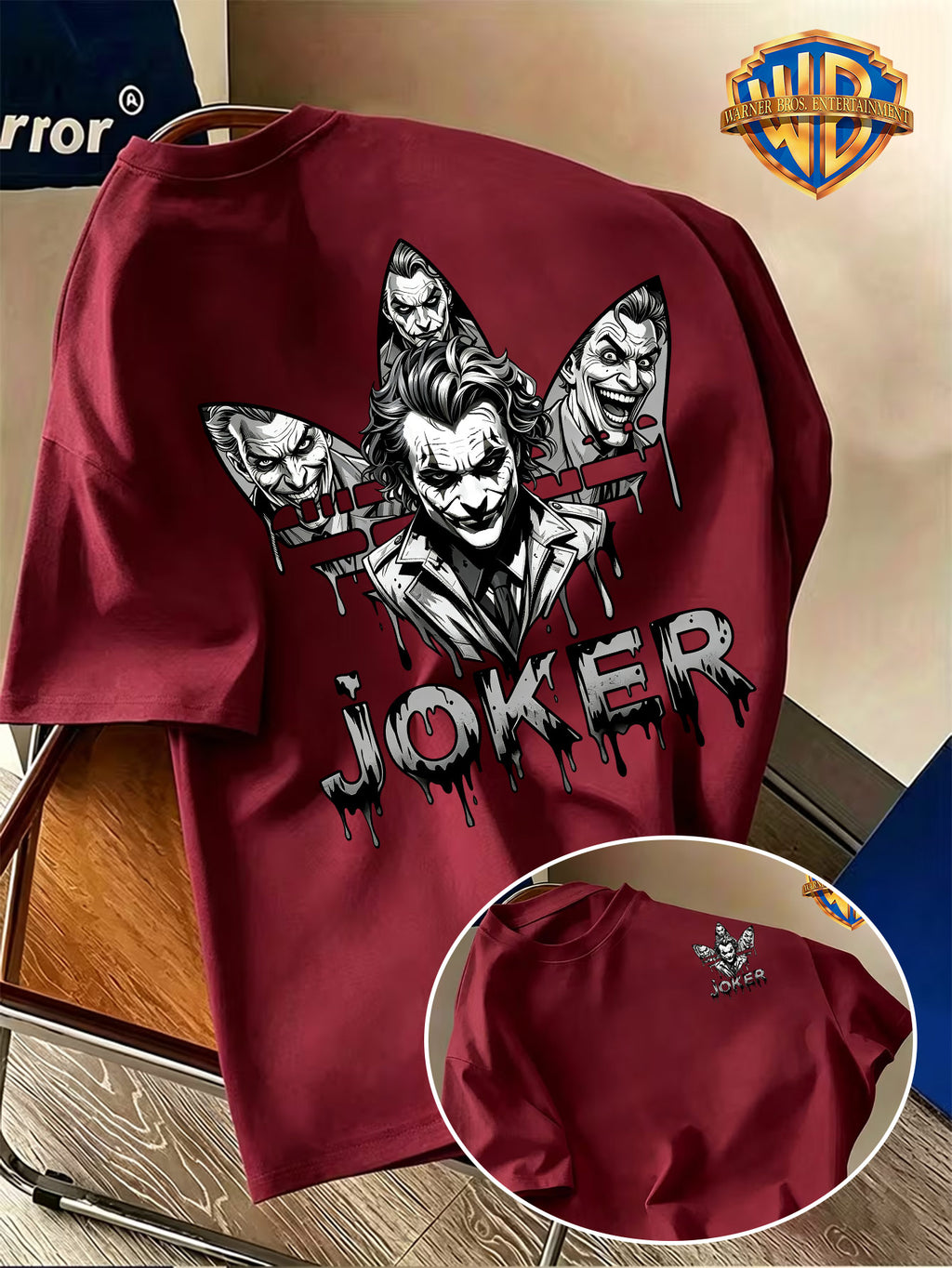 Warner Authorized 2026 New Men'S Summer Trendy Short Sleeve T-Shirt, Cool Dark Style Black And White Series Dark Knight Joker JOKER Sketch Ink Splatter Graffiti Creative Print Design, American Dark Street Comic Style, Loose Fit - Burgundy