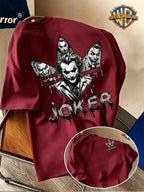 Warner Authorized 2026 New Men'S Summer Trendy Short Sleeve T-Shirt, Cool Dark Style Black And White Series Dark Knight Joker JOKER Sketch Ink Splatter Graffiti Creative Print Design, American Dark Street Comic Style, Loose Fit - Burgundy