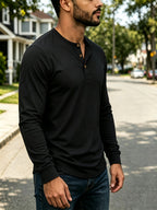 4pcs Set of Men's Spring, Autumn, and Winter Henley Neck Long-Sleeve T-Shirts, Breathable Vintage Casual Solid Color Half-Open Collar Tops, Comfortable and Versatile Base T-Shirts, Suitable for Daily Commuting, Light Business, Home, Sports - Navy Blue + Black + Green + Khaki