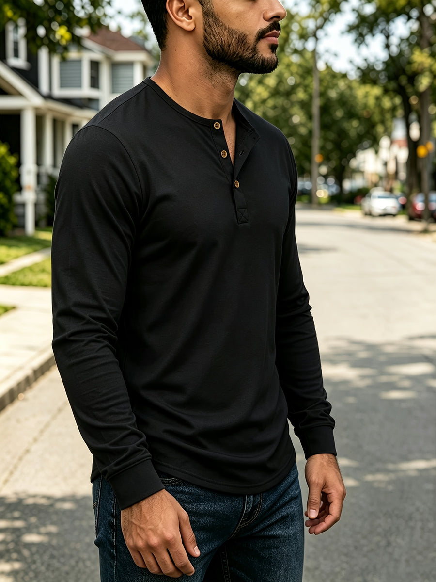 4pcs Set of Men's Spring, Autumn, and Winter Henley Neck Long-Sleeve T-Shirts, Breathable Vintage Casual Solid Color Half-Open Collar Tops, Comfortable and Versatile Base T-Shirts, Suitable for Daily Commuting, Light Business, Home, Sports - Navy Blue + Black + Green + Khaki