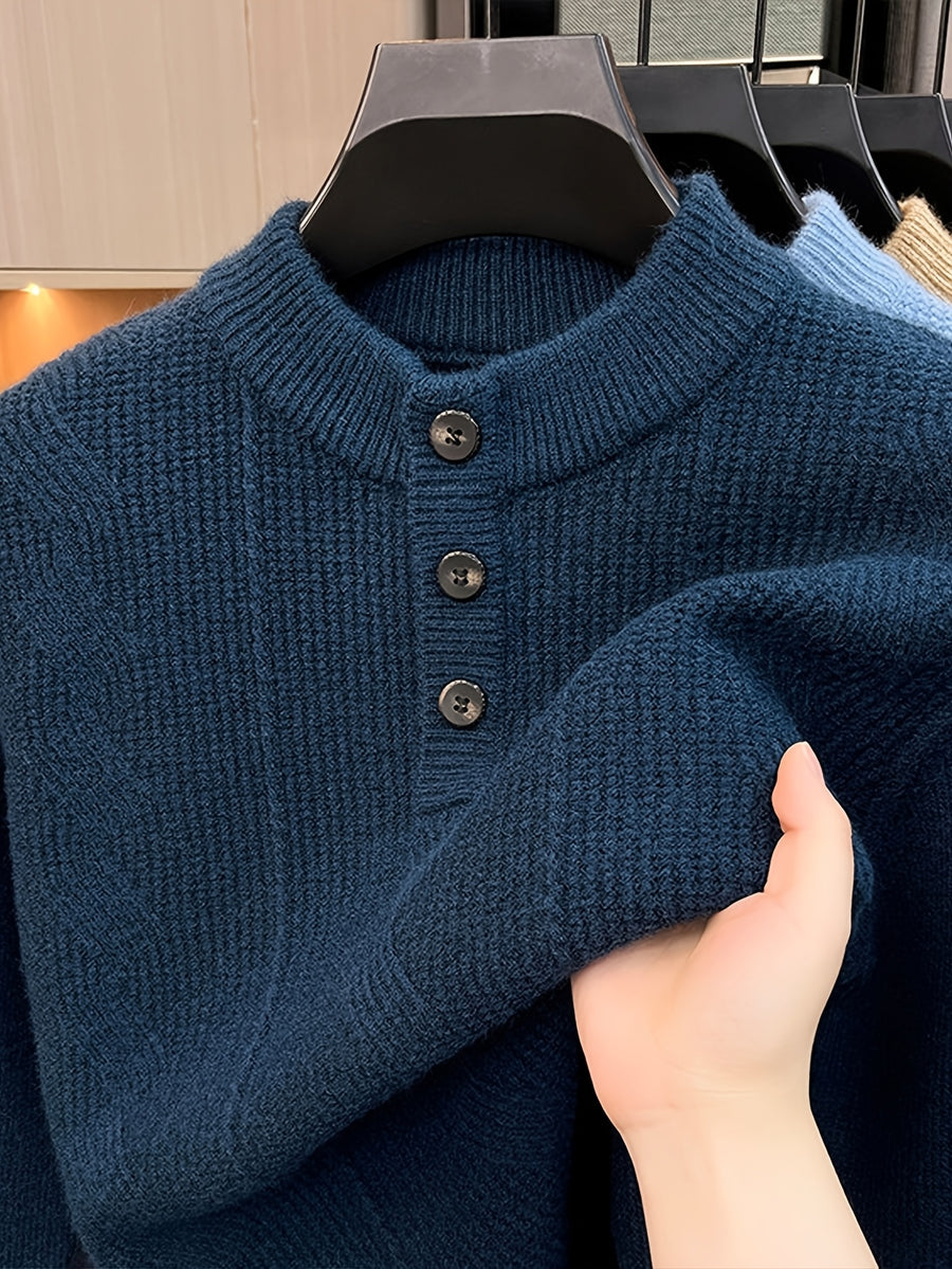 Spring And Autumn Men'S Half-Button Henley Collar Knit Sweater 3D Jacquard Texture Warm Easy And Atmospheric Middle-Aged Men'S Commuter Pullover - Black Blue