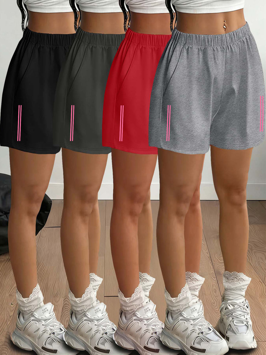 2026 Spring Summer New Women'S Bottoms Fashion Pink Striped Printed Leg-Lengthening Casual Home Light Individual Street Commute Elastic Waist Side Pockets Shorts 4pcs Set - Black+Dark Gray+Red+Light Gray