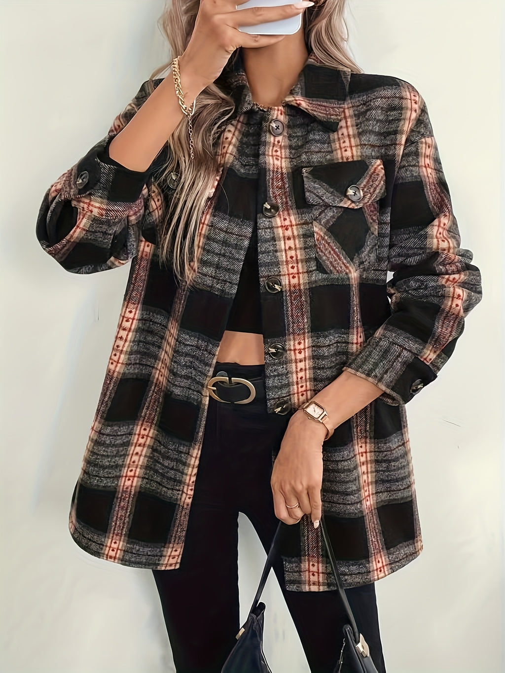 Plaid Print Composite Plush Casual Women'S Fall Winter Style Shirt Jacket () - Mixed colors