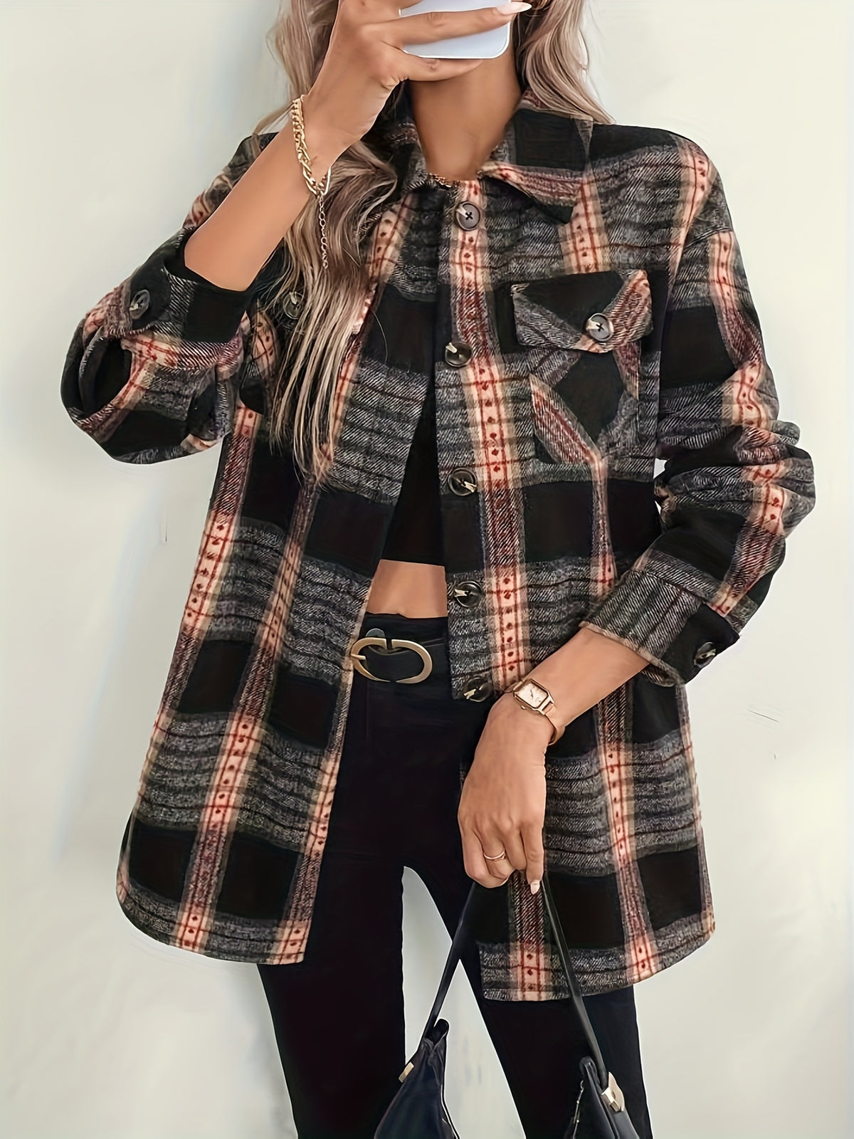 Plaid Print Composite Plush Casual Women'S Fall Winter Style Shirt Jacket () - Mixed colors
